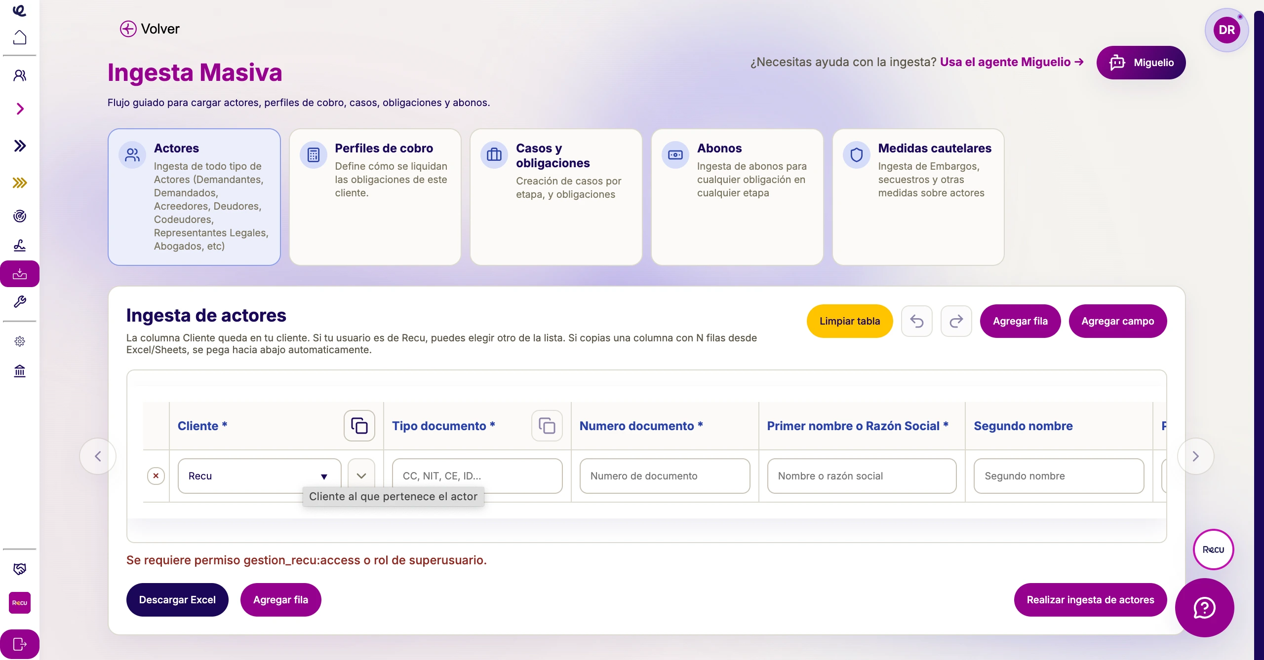 Ingesta masiva en Recu para cargar cartera: actores, perfiles de cobro, casos, obligaciones, abonos y medidas cautelares