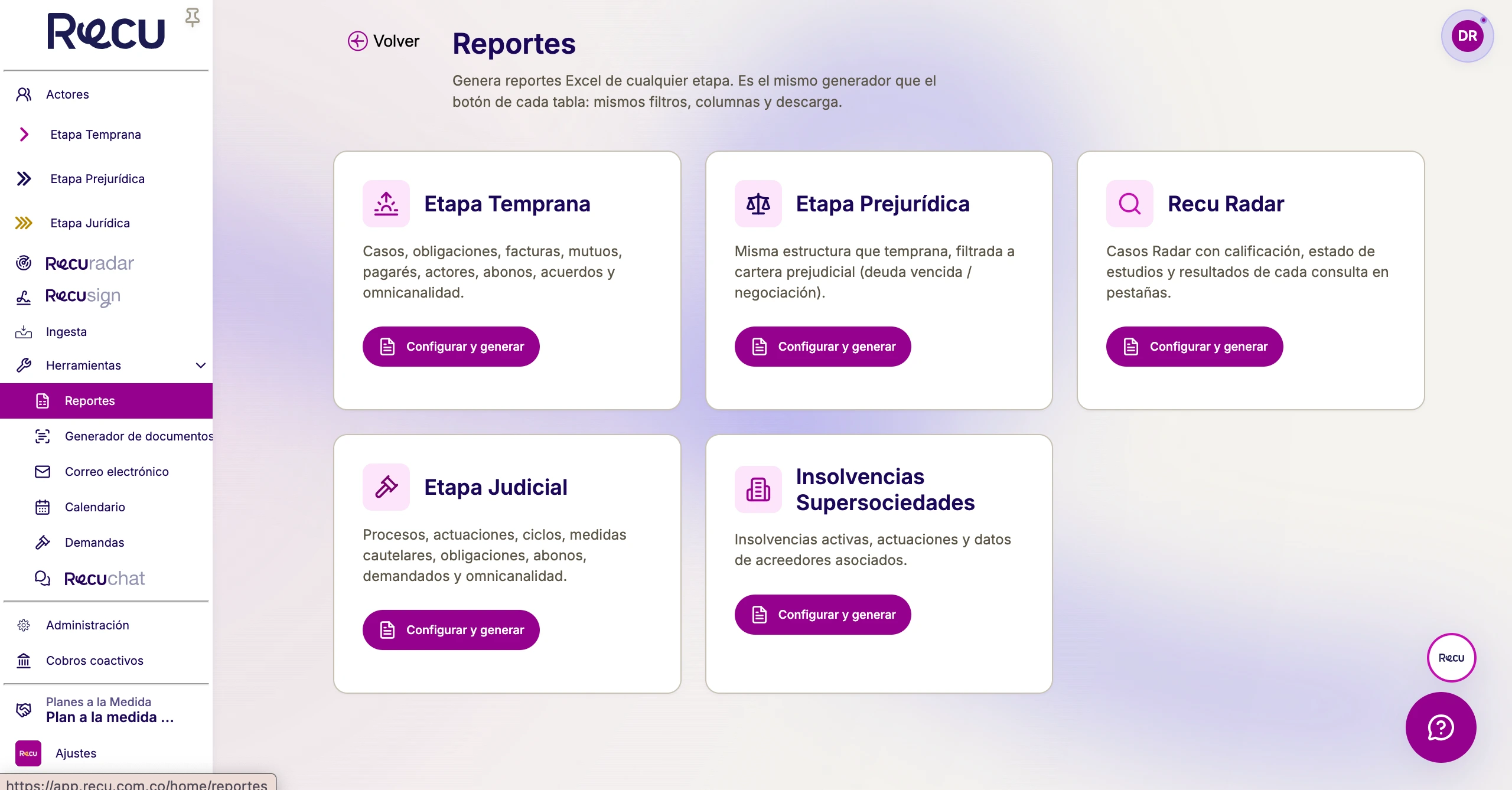 Reportes en Excel de recuperación de cartera en Recu, por etapa temprana, prejurídica, jurídica, Recu Radar e insolvencias